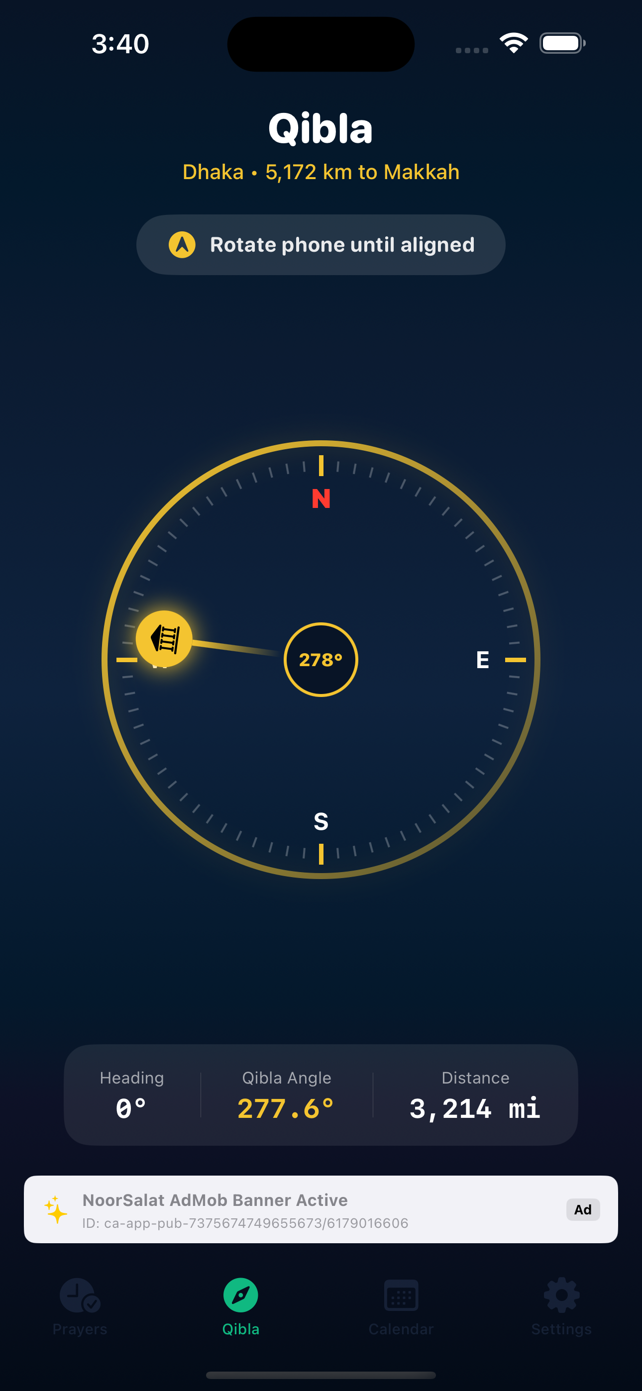 NoorSalat Qibla Compass Screen
